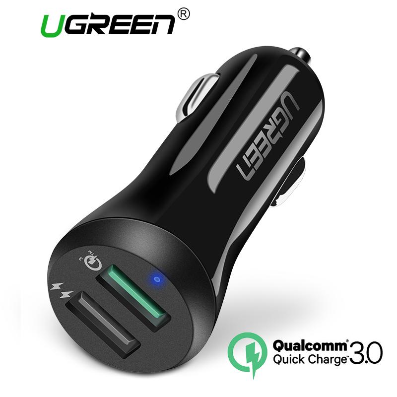 UGREEN QC3.0 Car Charger Quick Charge 3.0 30W Fast Charger for Xiaomi Redmi Samsung Handphone HP with Dual USB Ports Black