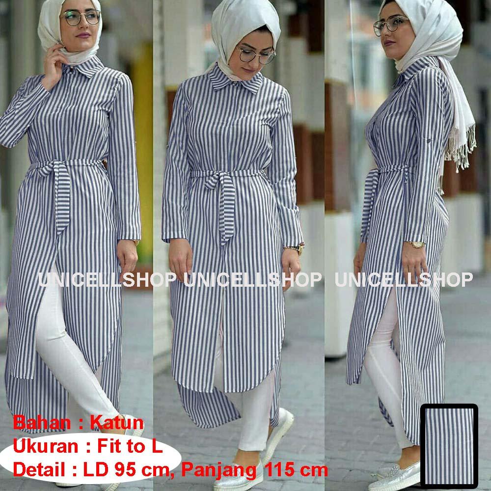 Toko atasan wanita Original Blouse & kemeja wanita lengan panjang terbaru kantor gamis Baju tunik muslim garis salur pakaian flanel distro 100% cotton katun | Long hem Kem cewek muslimah GRATIS TALI PINGGANG SS (ifasy) - Merah Coklat Hitam Biru