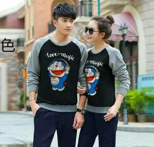 Best Seller - Couple Doraemon Love Music Hitam Abu Misty LO - Couple Baju Babyterry - Couple Baju Babyterry Model Terbaru