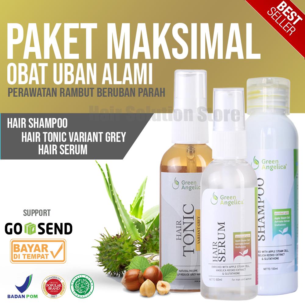 Obat Uban by Green Angelica Paket Perawatan Rambut Uban (Shampo, Serum, Tonic Variant Grey) Menghitamkan Rambut Uban tanpa Pewarna Atau Pun Semir Rambut Produk berbahan Alami 100% Produk ORI
