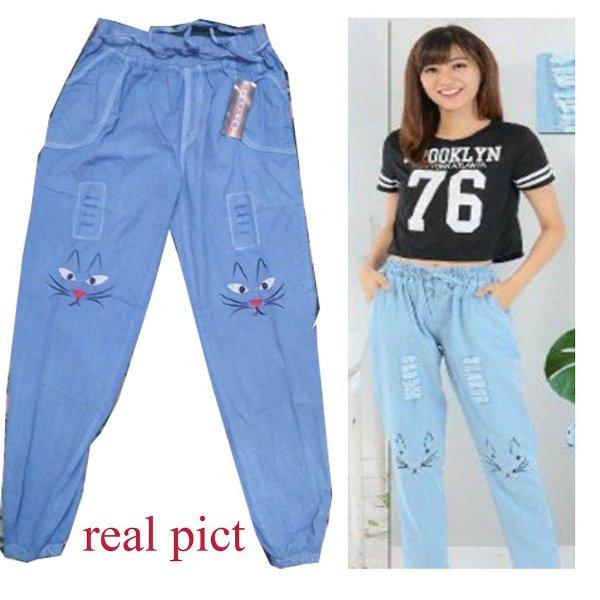 Celana Baggy Joger Ripped Meow Bahan Supernova - Celana Jeans Panjang Kucing Celana Jeans Light Casual Bawahan Simple Wanita Hijab Modern Trendy