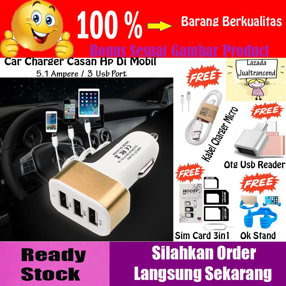 Car Charger 5.1A 3 Port Casan Hp Di Mobil + Gratis Kabel Micro 1m + Otg Android + Adapter Sim Card + Ok Stand Smartphone