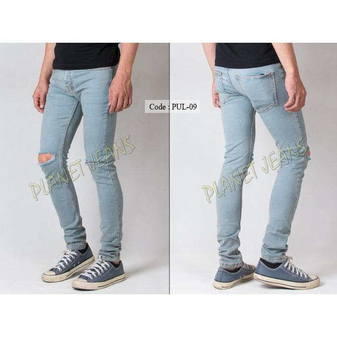 Celana Jeans Pria Ripped Sobek / Robek Lutut Model Skinny / Pensil - Emh3e1