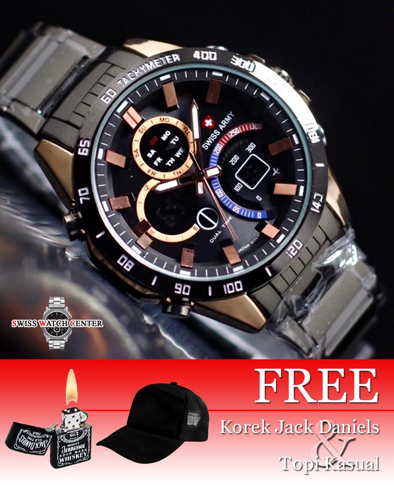 Swiss Army Dual Time Original - Grand-Prix - Jam Tangan Pria - Stainless Steel - Fitur Lengkap - Bonus Topi Dan Korek JACK DANIELS