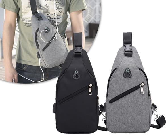 tas selempang pria / tas selempang pria kulit / tas selempang pria eiger / tas selempang pria polo / tas selempang pria keren / tas selempang pria bodypack / NEW Tas Selempang Pria import - Sling Bag USB Charger Anti Maling F44 - Hitam DISKON MURAH!!!