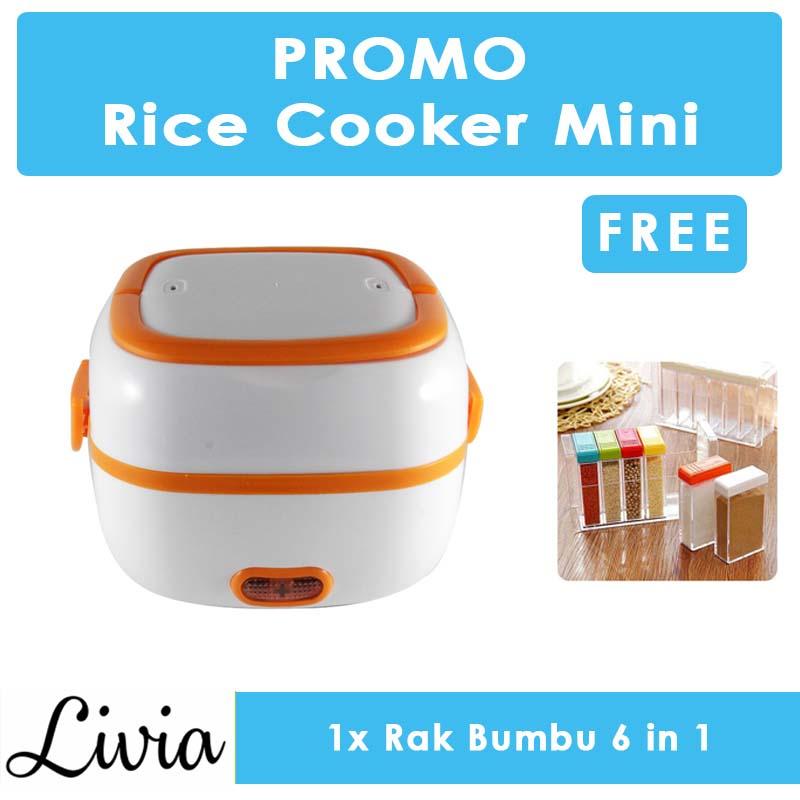 Livia Rice Cooker Mini 2 Susun kapasitas 1 L - Penanak Nasi Mini - Egg Boiler BONUS Rak Bumbu 6 in 1