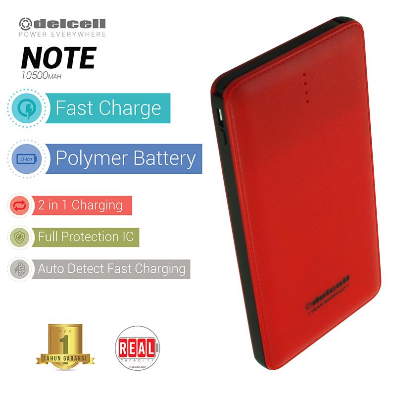 Delcell 10500mAh Powerbank NOTE Real Capacity Polymer Battery Build in Cable Fast Charging Garansi Resmi 1 Tahun Slim Power Bank Fast Charge - Merah