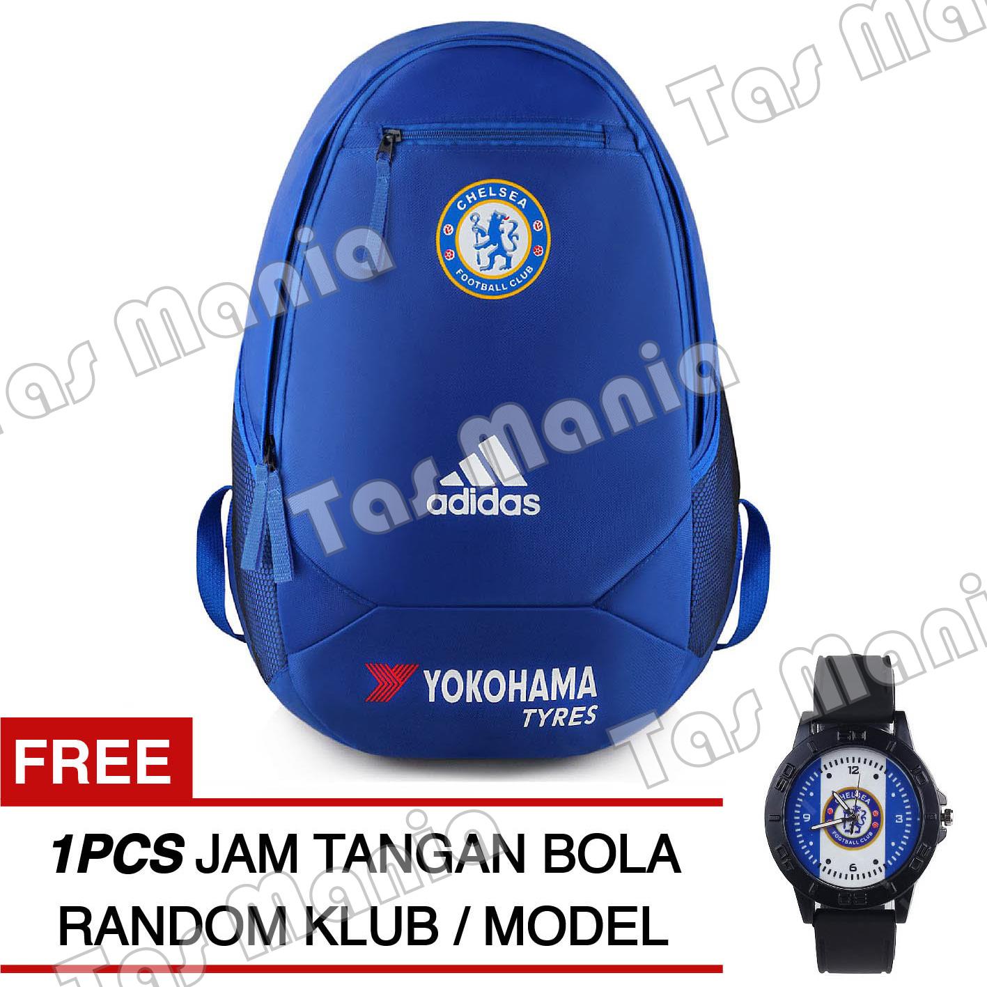 Tas Ransel Adidas Bola Pria Chelsea FC Laptop Backpack Men Soccer Editions - Blue + Raincover + FREE Jam Tangan Pria Random Color / Model