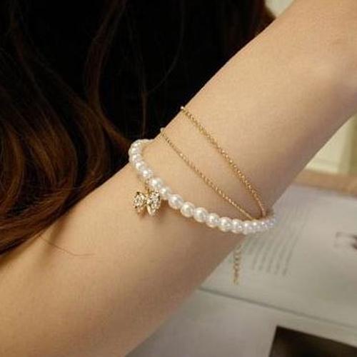 OILA Gelang Mutiara Bandul Pita Diamond Bracelet Bow Three Jge049