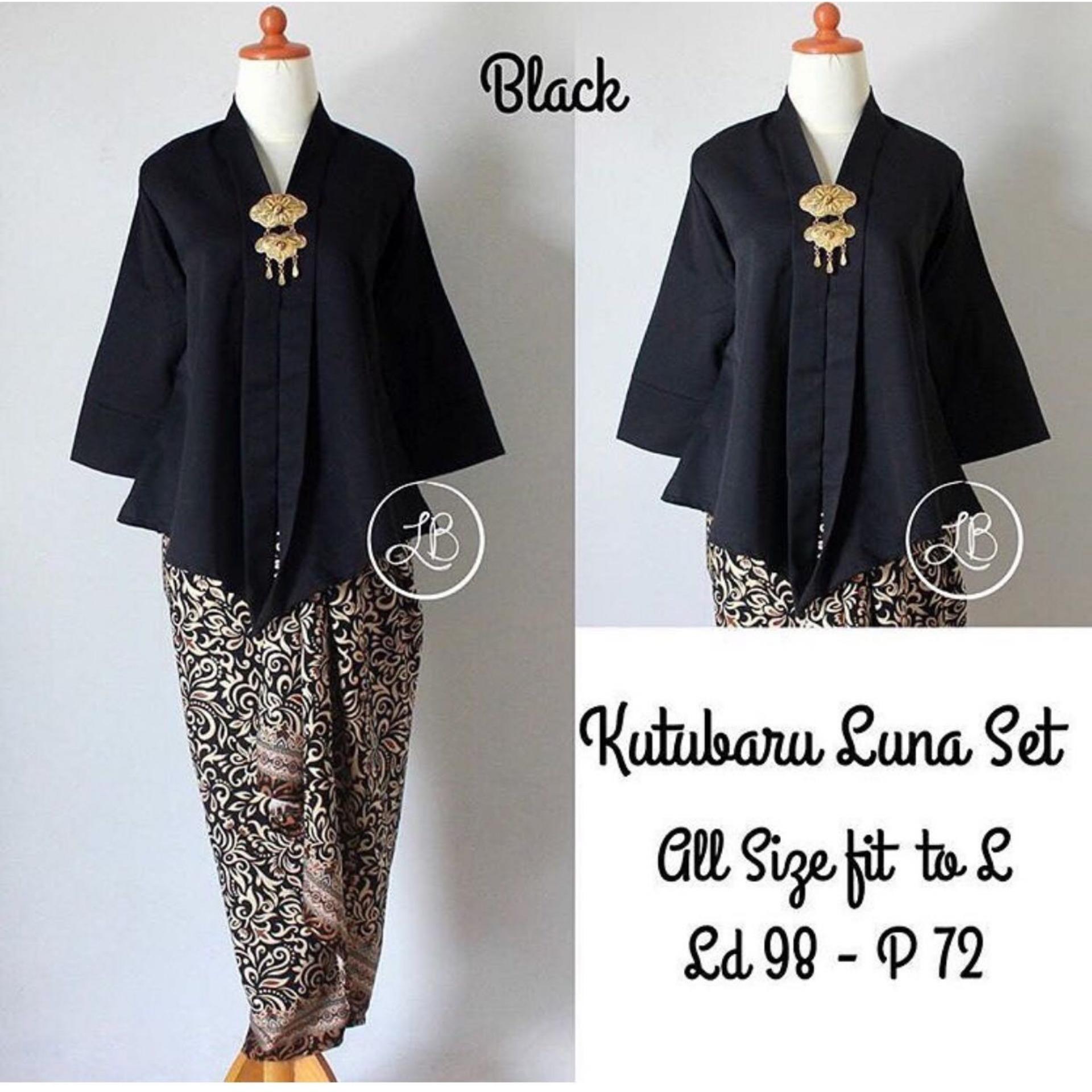 Kebaya Kutubaru Polos Floy Luna Hitam Mix Rok Lilit Aneka Motif Cacing Gold