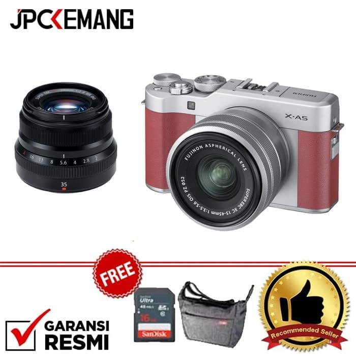 Fujifilm X-A5 / XA5 Kit 15-45mm + XF35mm f/2 Black Free Instax Share SP2 Silver + SDHC Ultra 16GB + Sirui Sling Bag + Leather Case jpckemang GARANSI RESMI