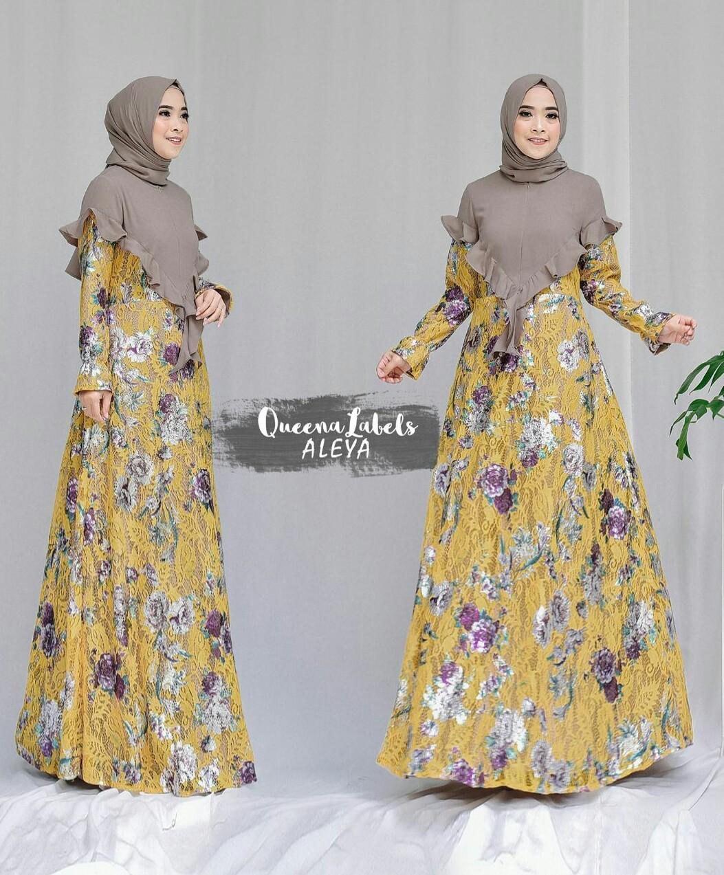 Dress Set Brokat Print Aleya Kuning Original by Queenalabels