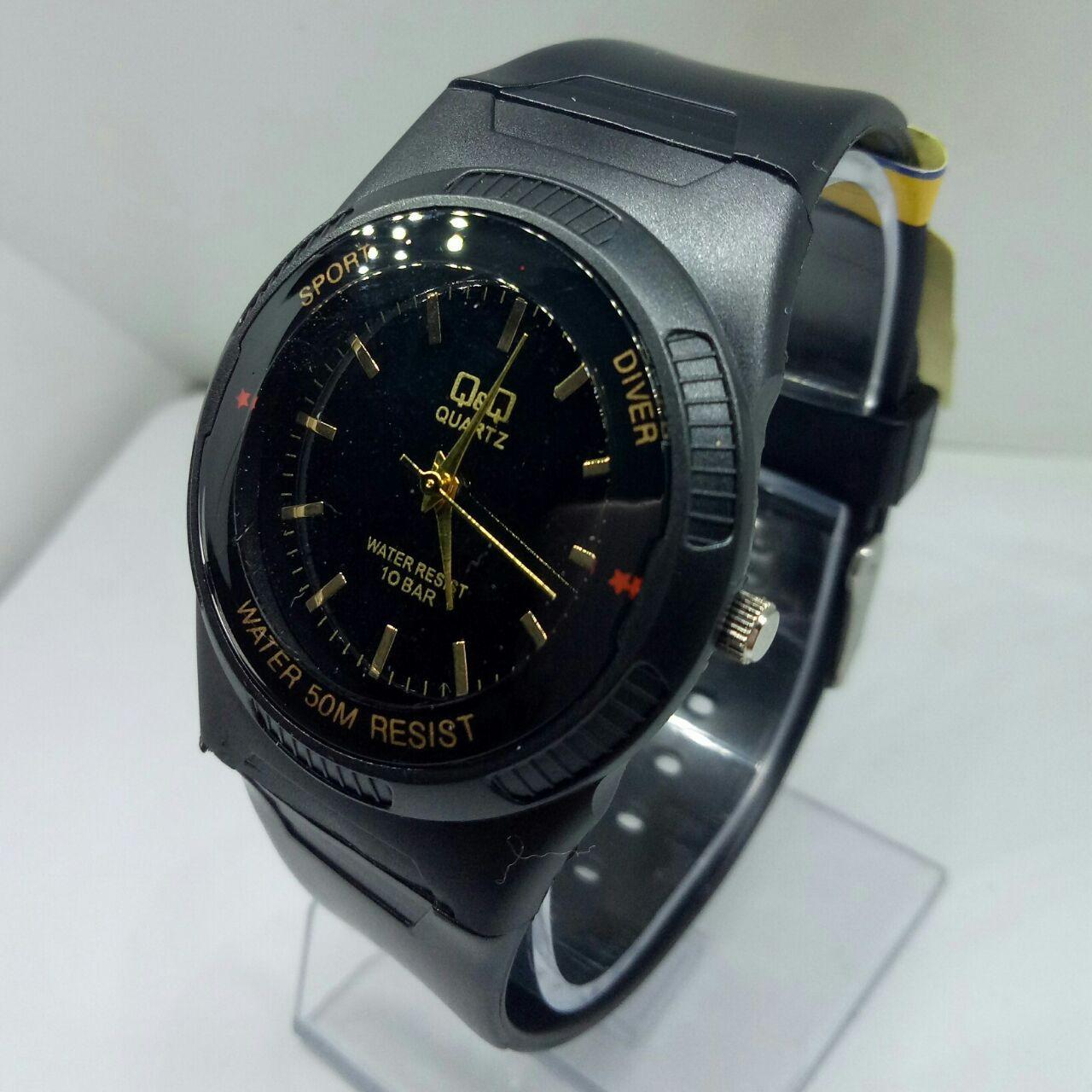 Q&Q Water Resist - Jam Tangan Wanita & Remaja dan pria - Tali Karet black list gold model terbaru