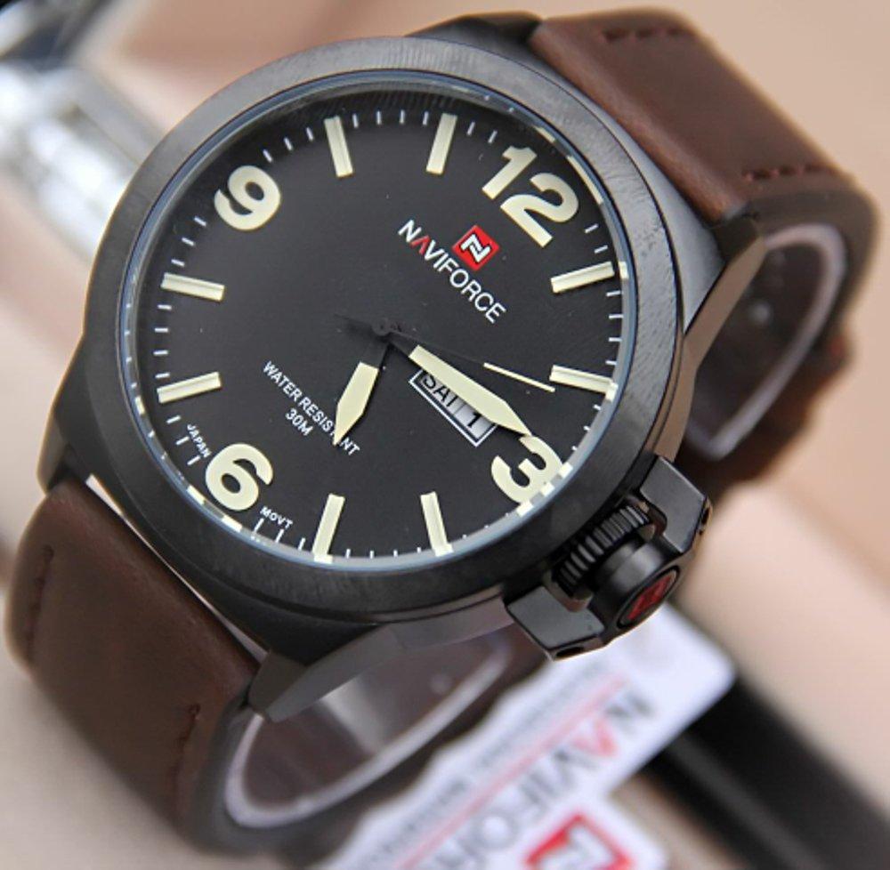 Jam Pria Original Naviforce N9060 Leather Dark Brown - Yellow Stripe (swiss army expedition casio)