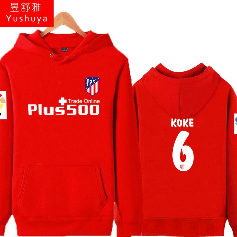 Atletico Madrid Tambah Beludru Pria Pakaian Baju Olahraga Jaket Hoodie (6 Merah)