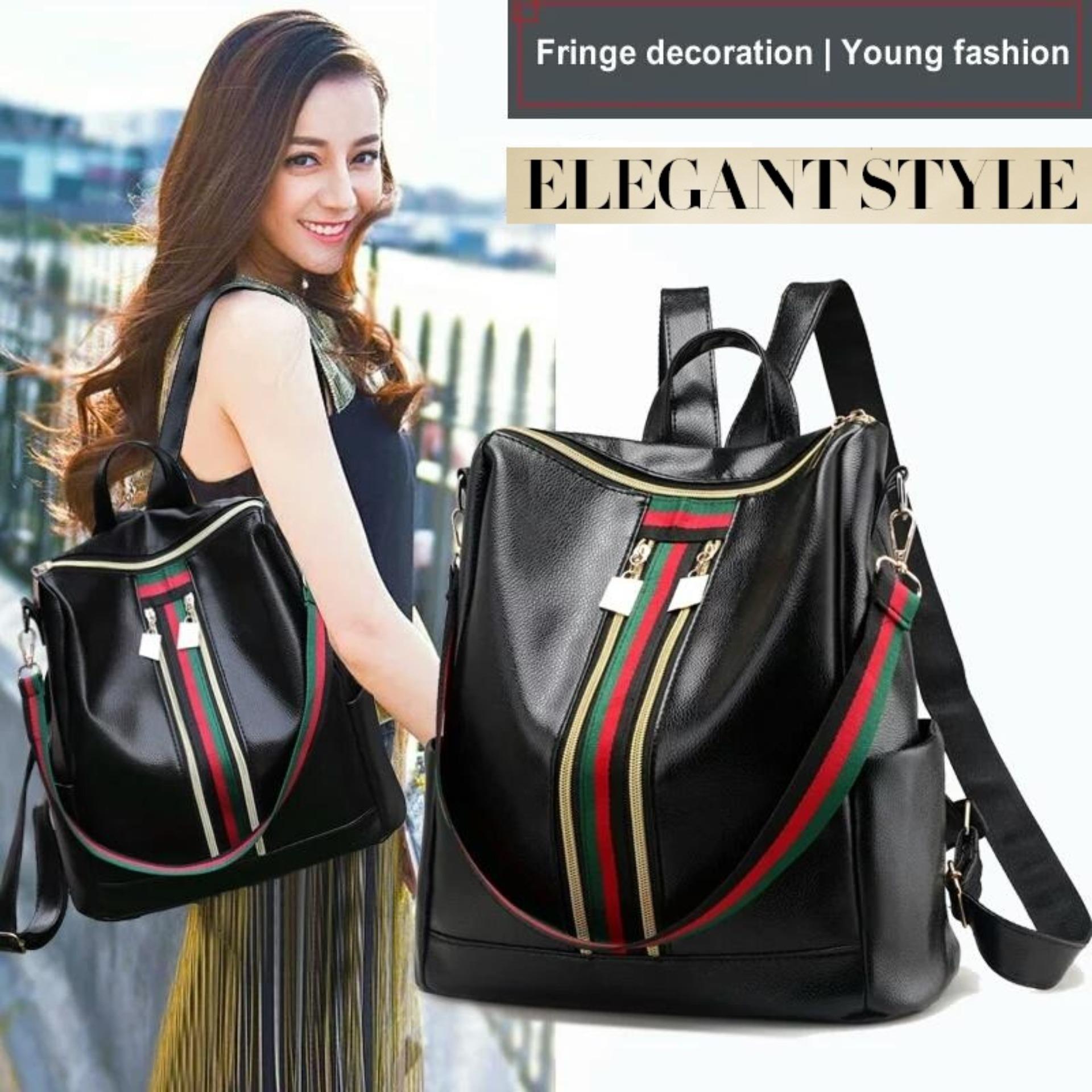 JCF Tas Ransel 3in1 Kulit PU Import Korean Style Bagus Fashion Branded Wanita Remaja Dan Dewasa Taobao - Kezia Black
