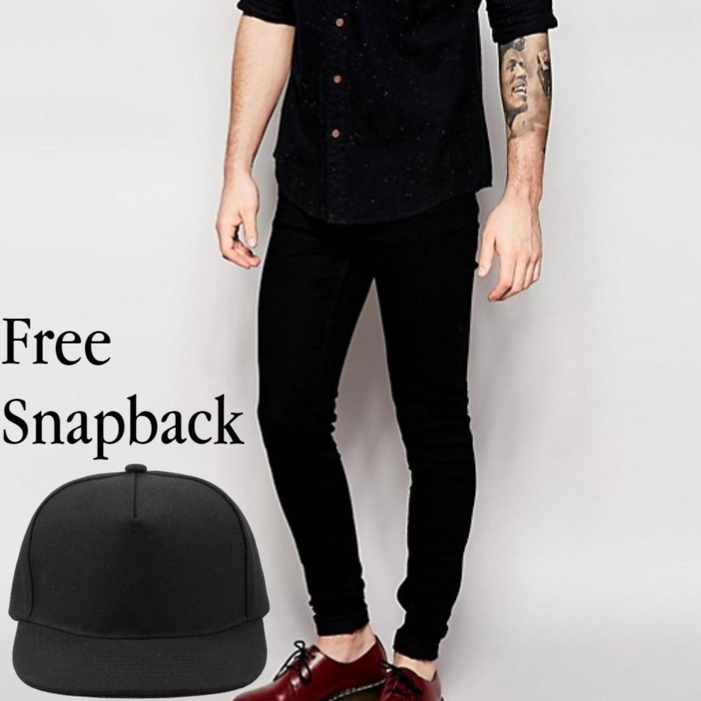 Celana Jeans Denim Pria Stretch - Hitam Skinny Slim Fit -Free Snab back / Topi Trandy