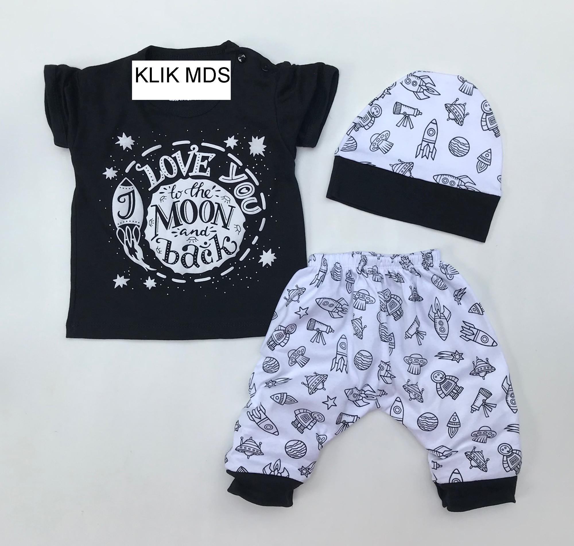 Klik Mds Baju Anak Bayi Setelan Atasan dan Celana Hitam Putih Motif I Love You To The Moon And Back Free Topi