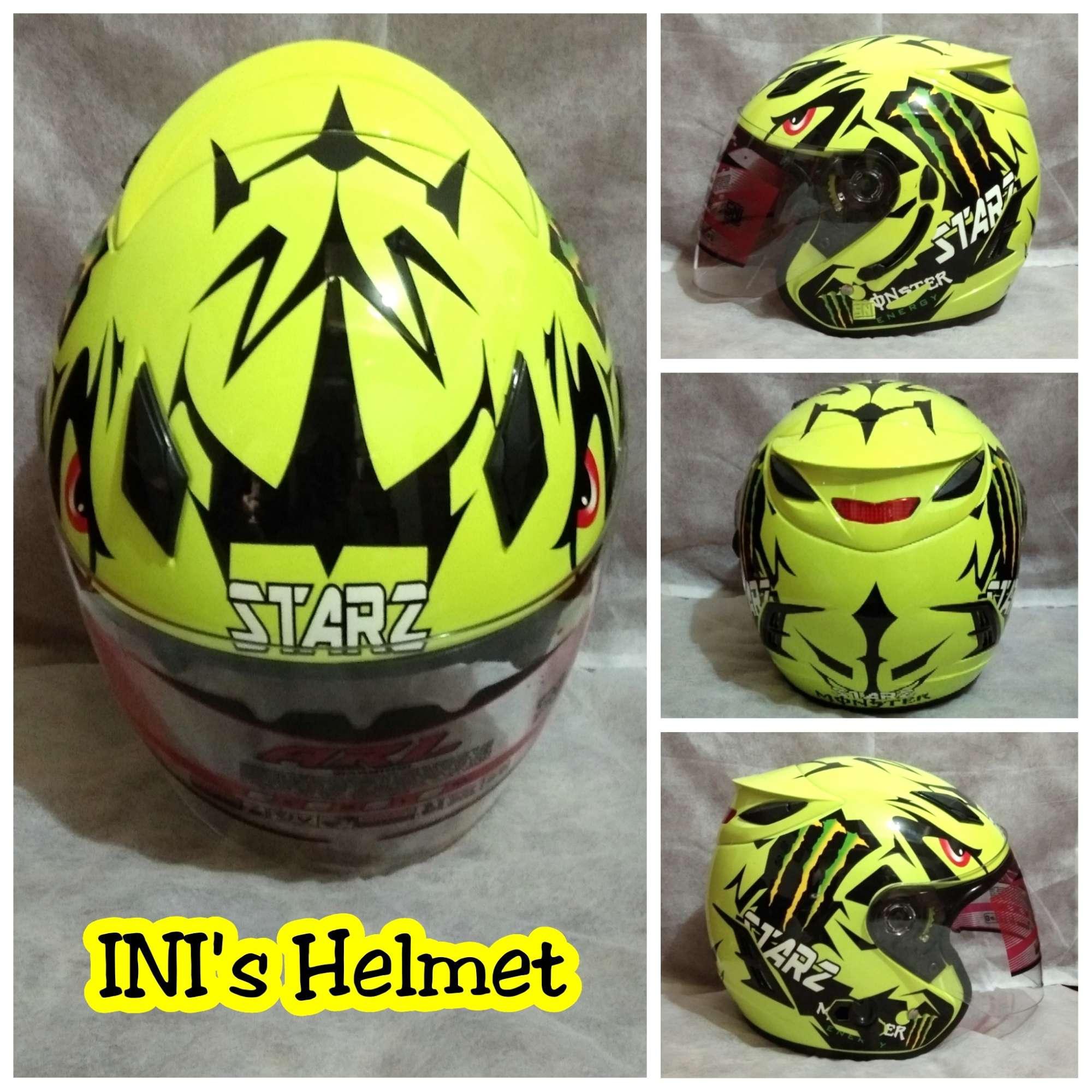 Helm SNI Half Face Double Visor ARL Centro 2 Kaca Motif Stabilo Monster Shark - INI's Mart Jakarta