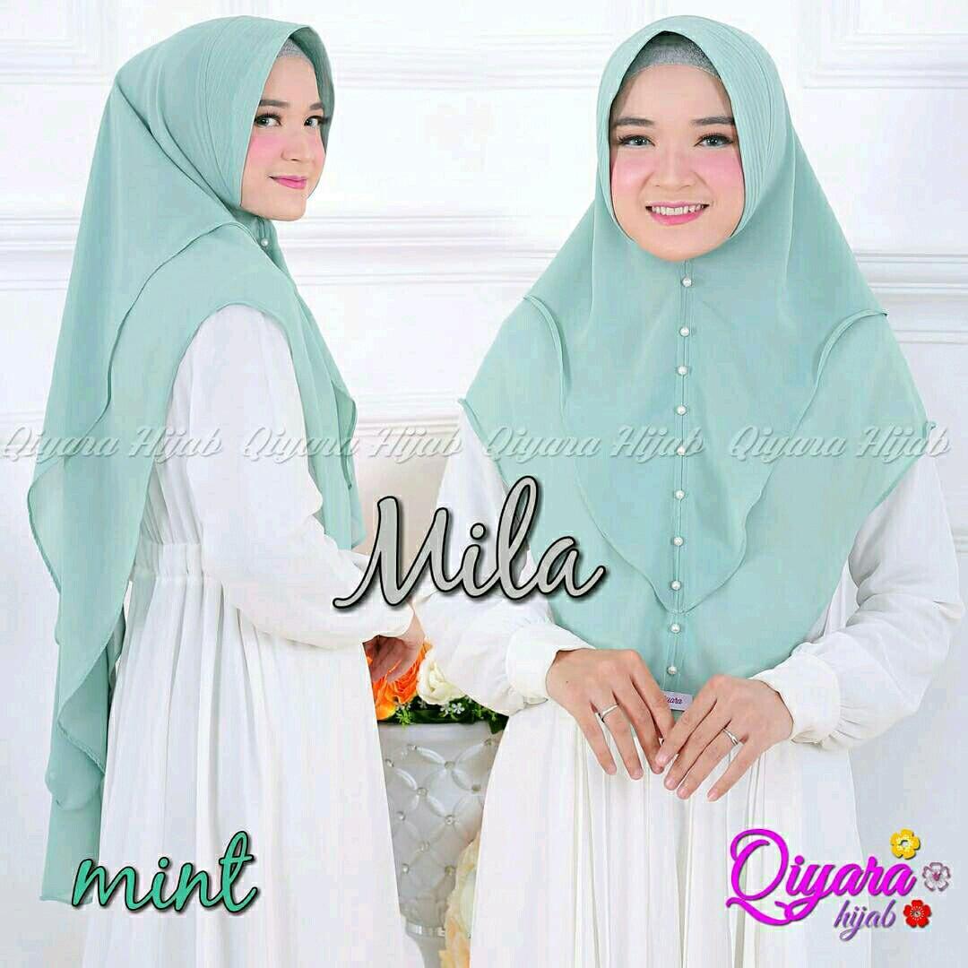 Qyara Mila Mutiara Mint Grosri Jilbab Hijab Khimar Pashmina Ootd Syari Motif Cantik