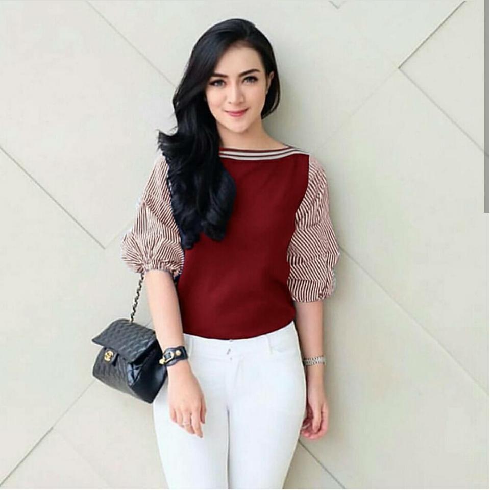 Ria_store Blouse MC222 Tria Strip Top Maroon Best Seller / Baju Wanita / Blouse Korea / Atasan Wanita / Baju Trendy / Blouse Cewek Tunik / Atasan Wanita Tunik / Blouse Kece / Pakaian Atasan Wanita Muslim Modern Top Cewek Santai Simple Casual Murah