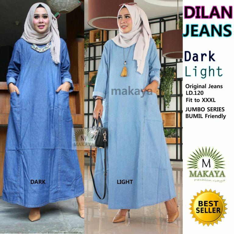 Gamis Long dress maxi wanita muslim jeans dilan dark light jumbo XXXl