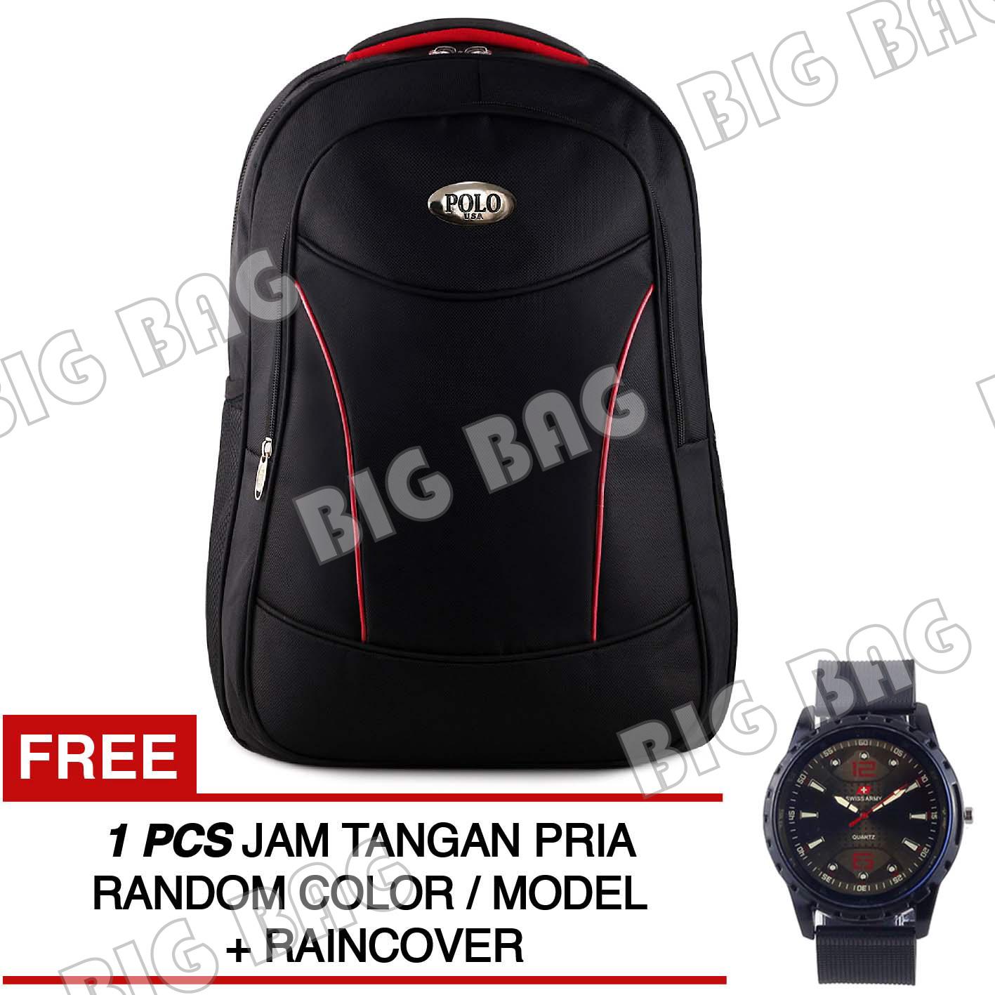 Tas Ransel Polo USA Black Vertex Tas Laptop Backpack + Raincover + FREE Jam Tangan Pria ( RANDOM MODEL ) Tas Pria Tas Kerja Tas Sekolah Tas Fashion Pria