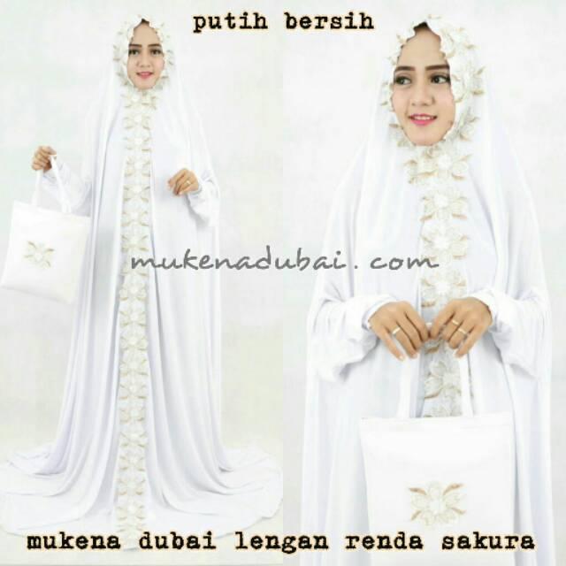 Mukena dubai spandek sutra renda bordir sakura terusan terbaru cantik elegan putih +lengan ekslusive ()