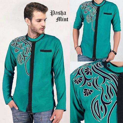 Ak Pasya Kemeja Koko Pria Lengan panjang (Putih, Mint)