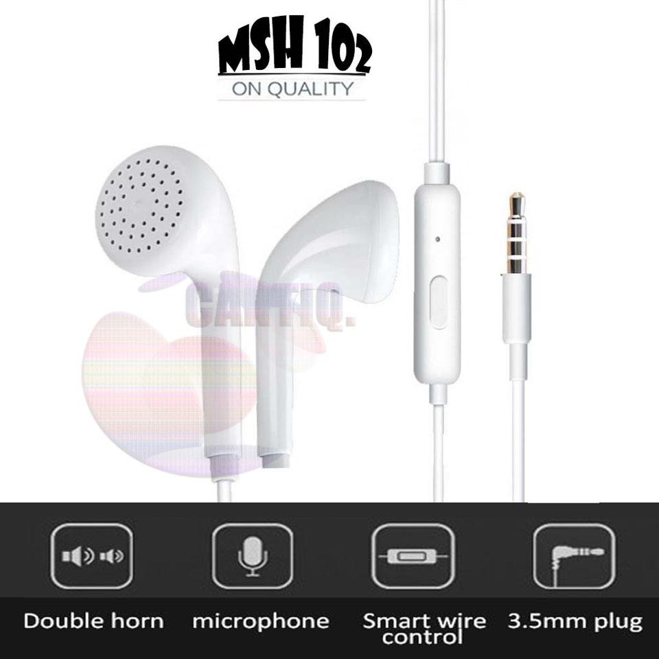 MSH Headset Stereo Bass MSH H102 Headset Samsung Headset Oppo Headset Vivo Headset Xiaomi Handsfree Universal untuk semua jenis merk Handphone dan Komputer - White / Putih