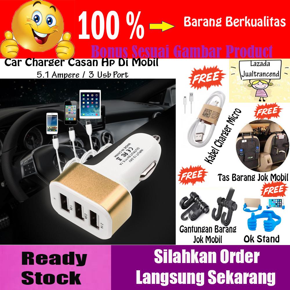 Car Charger 5.1A 3 Port Charger Casan Hp di Mobil - GRATIS Tas Rak Jok Gantung Mobil / Sestar + Gantungan Barang Jok Mobil + Kabel Charger Micro + Ok Stand Hp