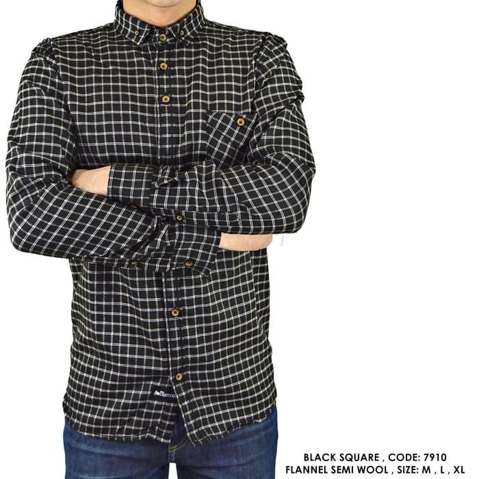 KEMEJA PANJANG KERJA KANTOR COWOK PRIA FLANNEL FLANEL KOTAK HITAM - seperti di foto, L