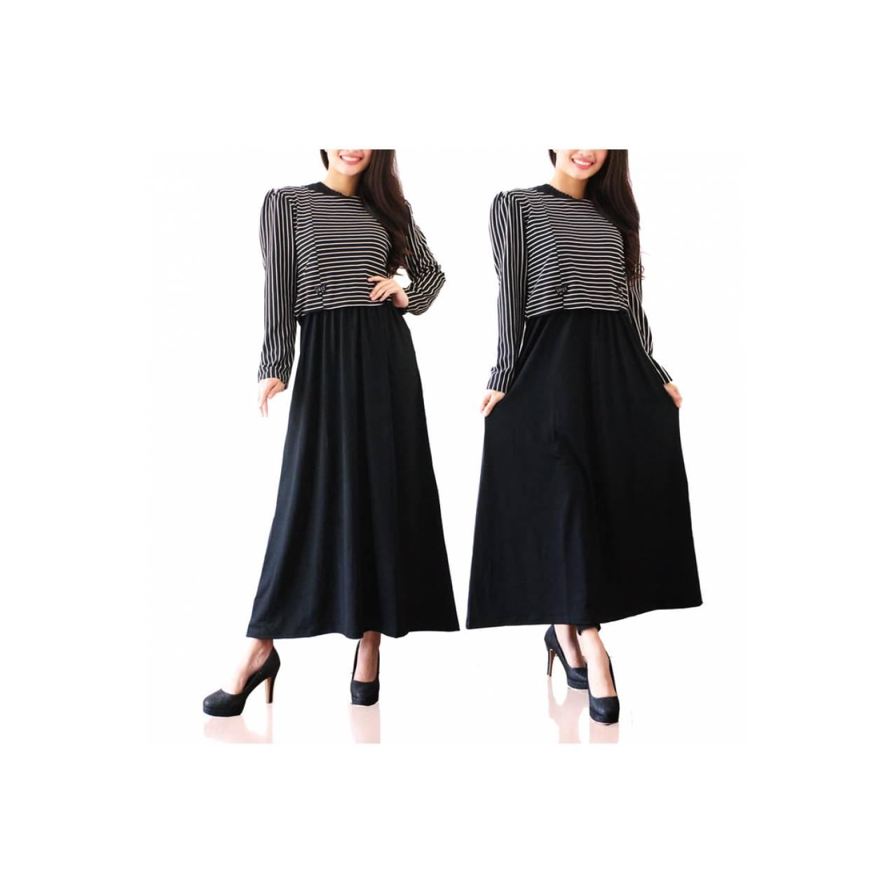 Gamis Maxi Zaskia / Baju / Dress / Busana Muslim / Strip Hitam / Abaya