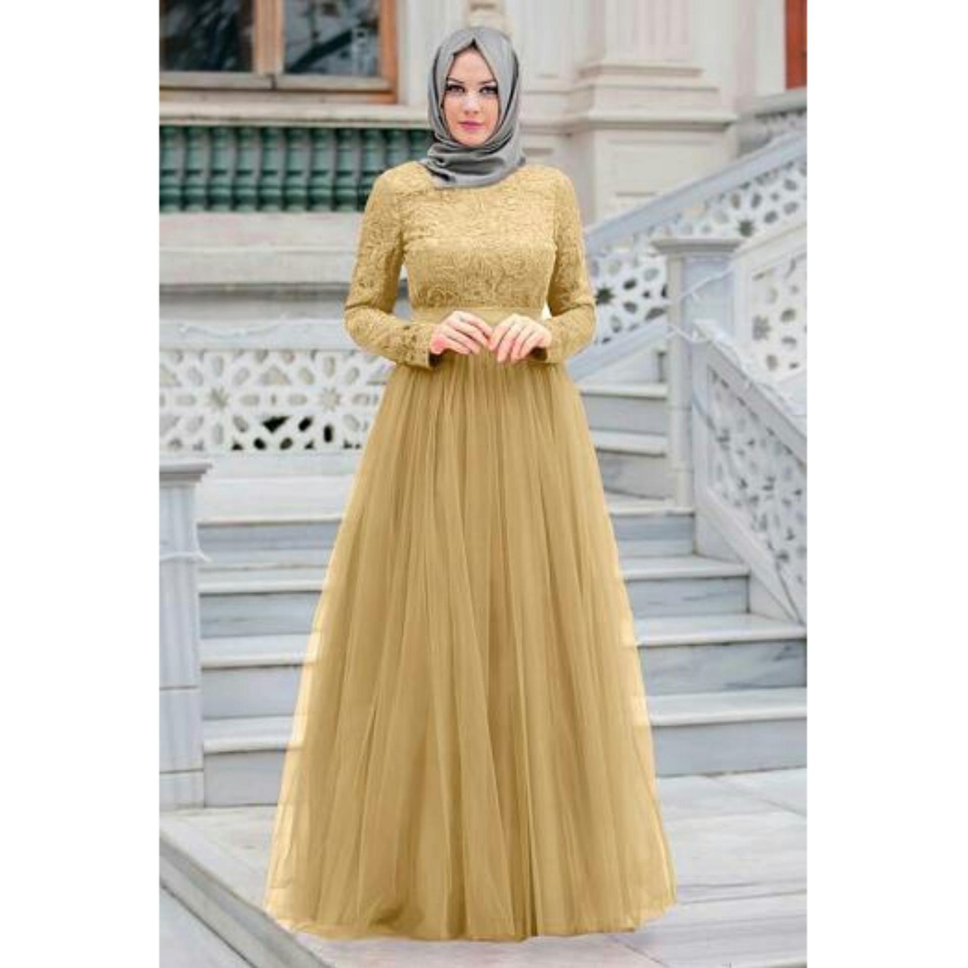 Claryne Maxi Dress Muslim Wanita Gamis Pesta Brukat Tile Lengan Panjang Almaer