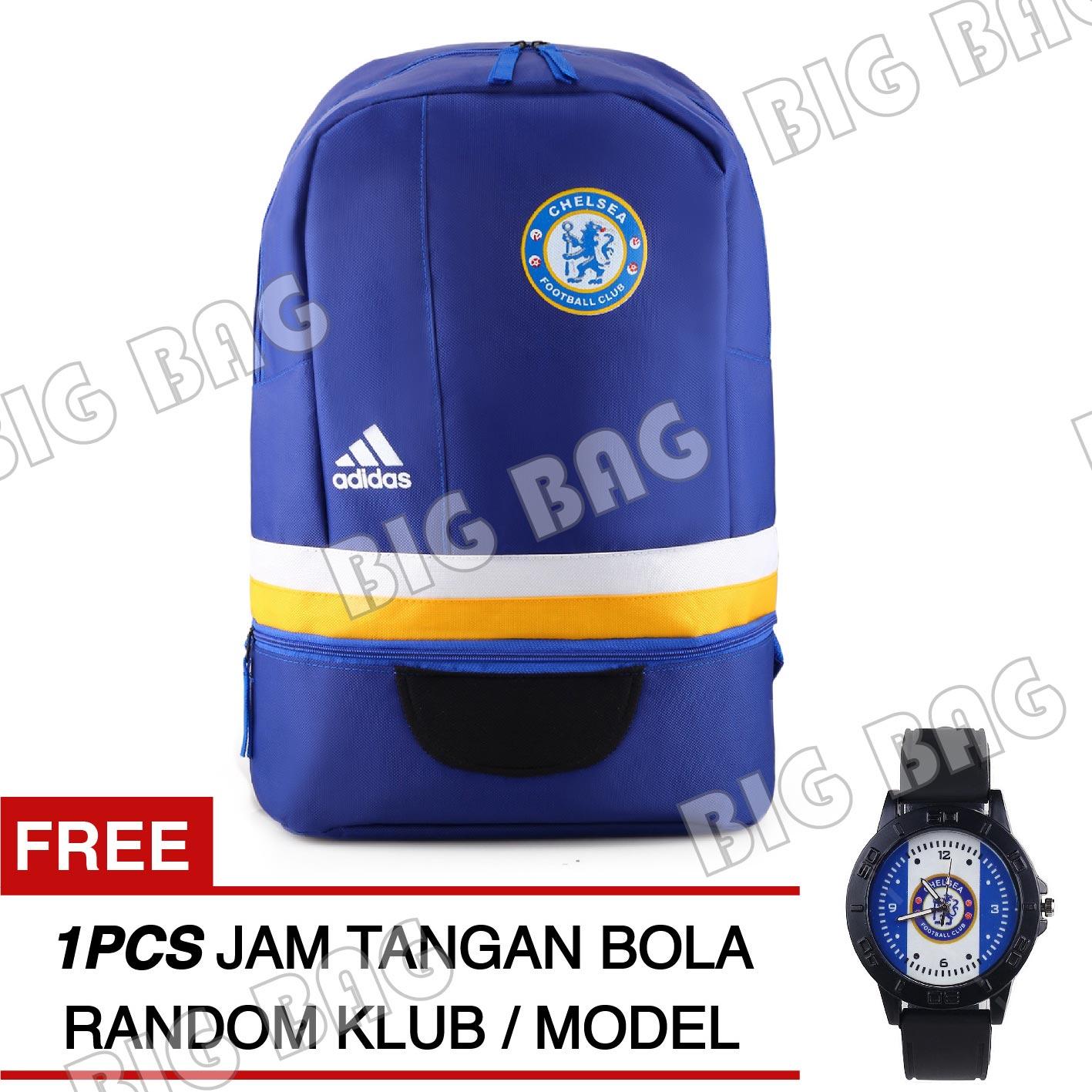 Tas Ransel Adidas Bola Chelsea FC Laptop Backpack Men Soccer Editions CP02 - Blue + Raincover + FREE Jam Tangan Pria Random Color / Model