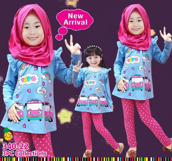 Baju Muslim Anak Perempuan Little Pineapple Bus Tayo Biru Legging Pink