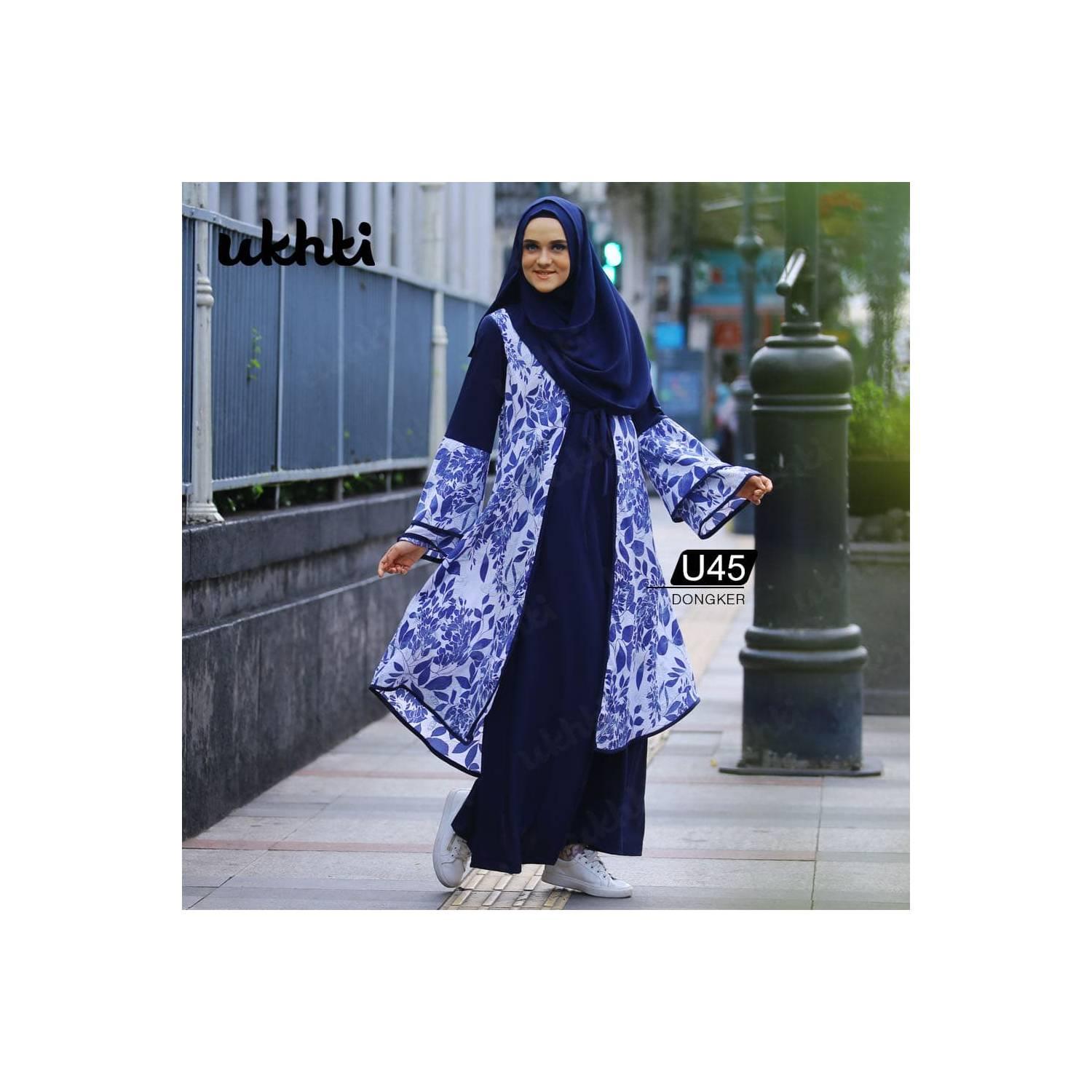 Baju Muslim Wanita Gamis Syari Sifon kombinasi Jersey Motif Overall - Navy, S