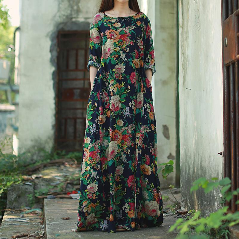 Zanzea Wanita Lengan Panjang Berwarna Kuning Mata Baju Dolman Antik Bunga Cetak Gaya Cina Katun Pesta Gaun Panjang Besar Longgar kaftan Vestido Plus Ukuran Better Angkatan Laut-Internasional