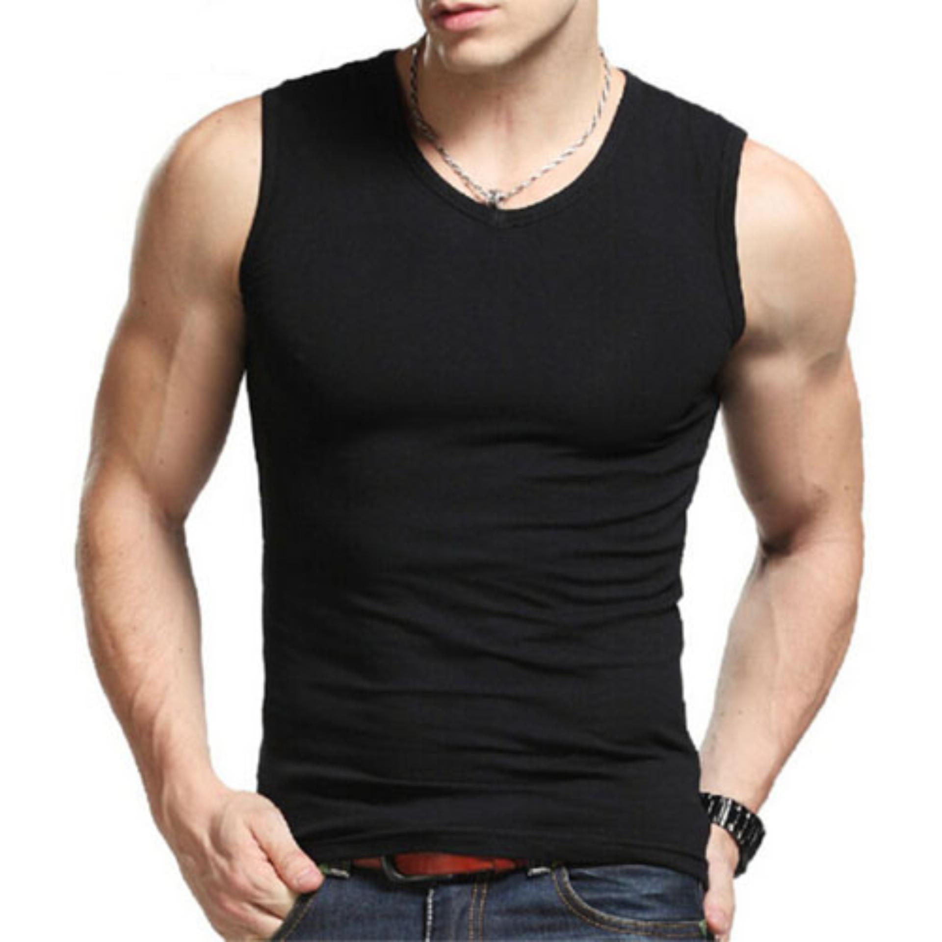 Kaos Singlet Pria Polos Katun Kaos Dalaman - Hitam