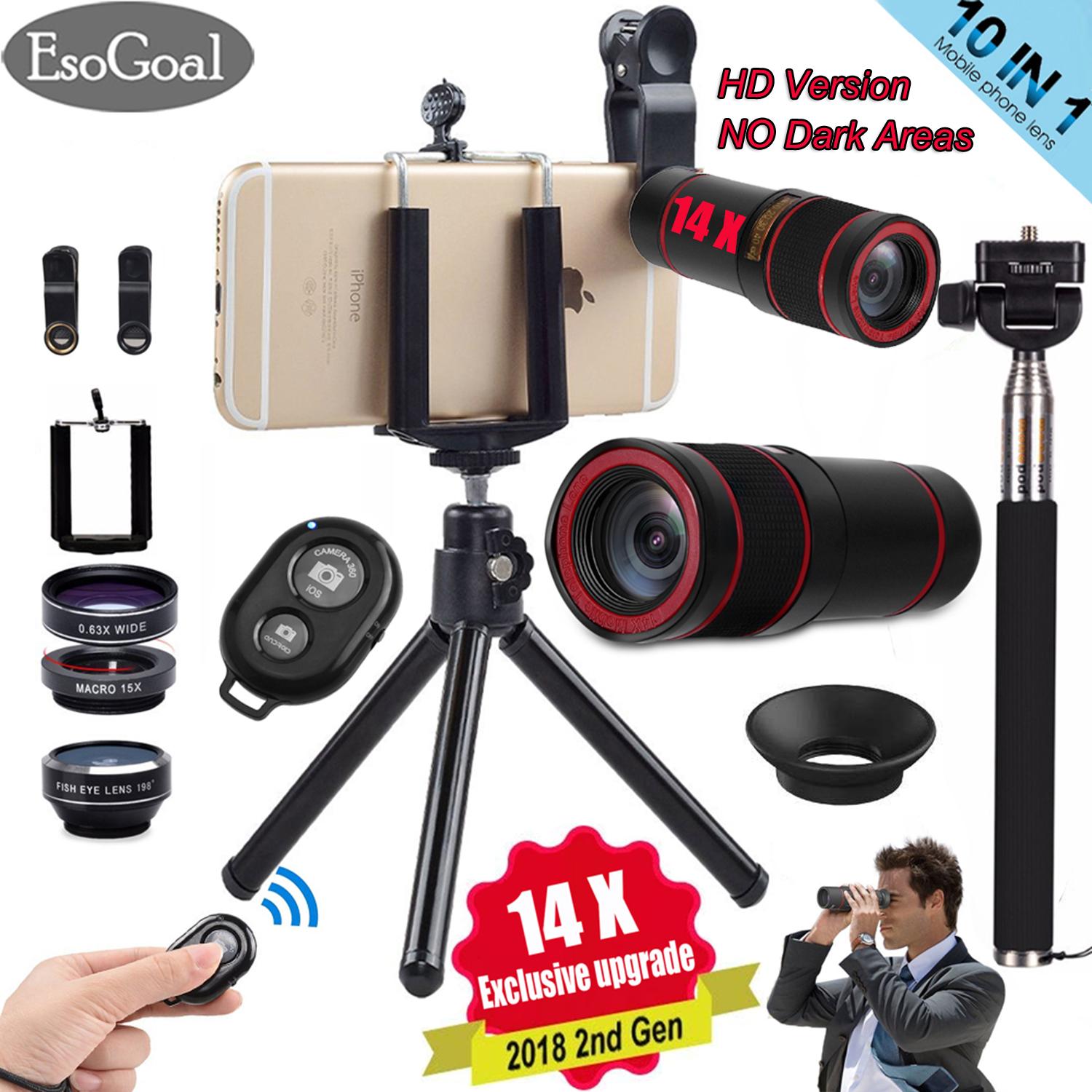 EsoGoal Updated 10 in 1 14x Zoom Telephoto Lens + Fisheye + Wide Angle + Macro Lens + Selfie Stick Monopod + Bluetooth Remote Control + Mini Tripod with Phone Holder for Mobile Phones