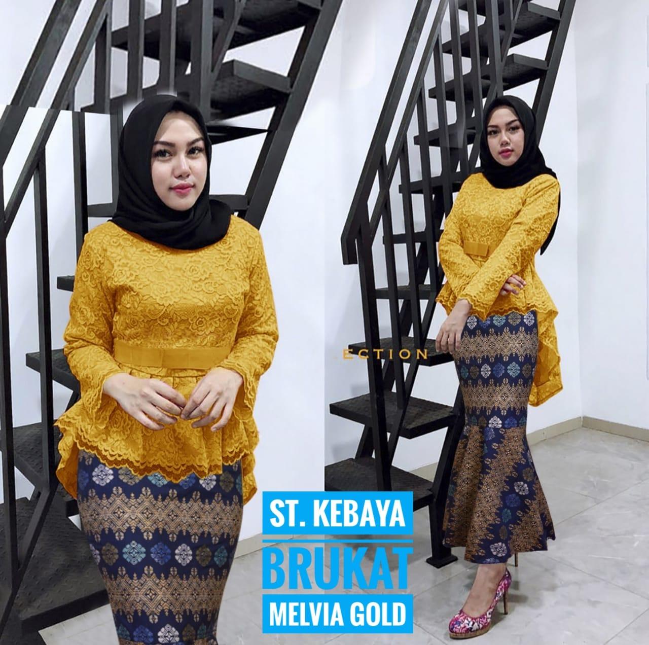 KEBAYA PESTA MUSLIMAH STELAN BAJU BATIK WANITA / KEBAYA MODERN / KEBAYA BRUKAT MURAH DAN ROK DUYUNG MELVIA GOLD ( NO PASMINA)
