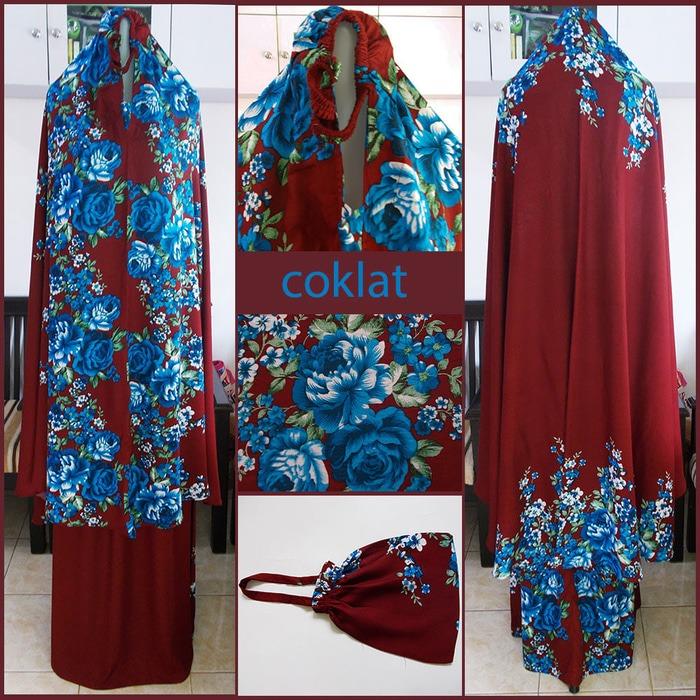 mukena bali motif mawar biru dasar warna coklat G-1101