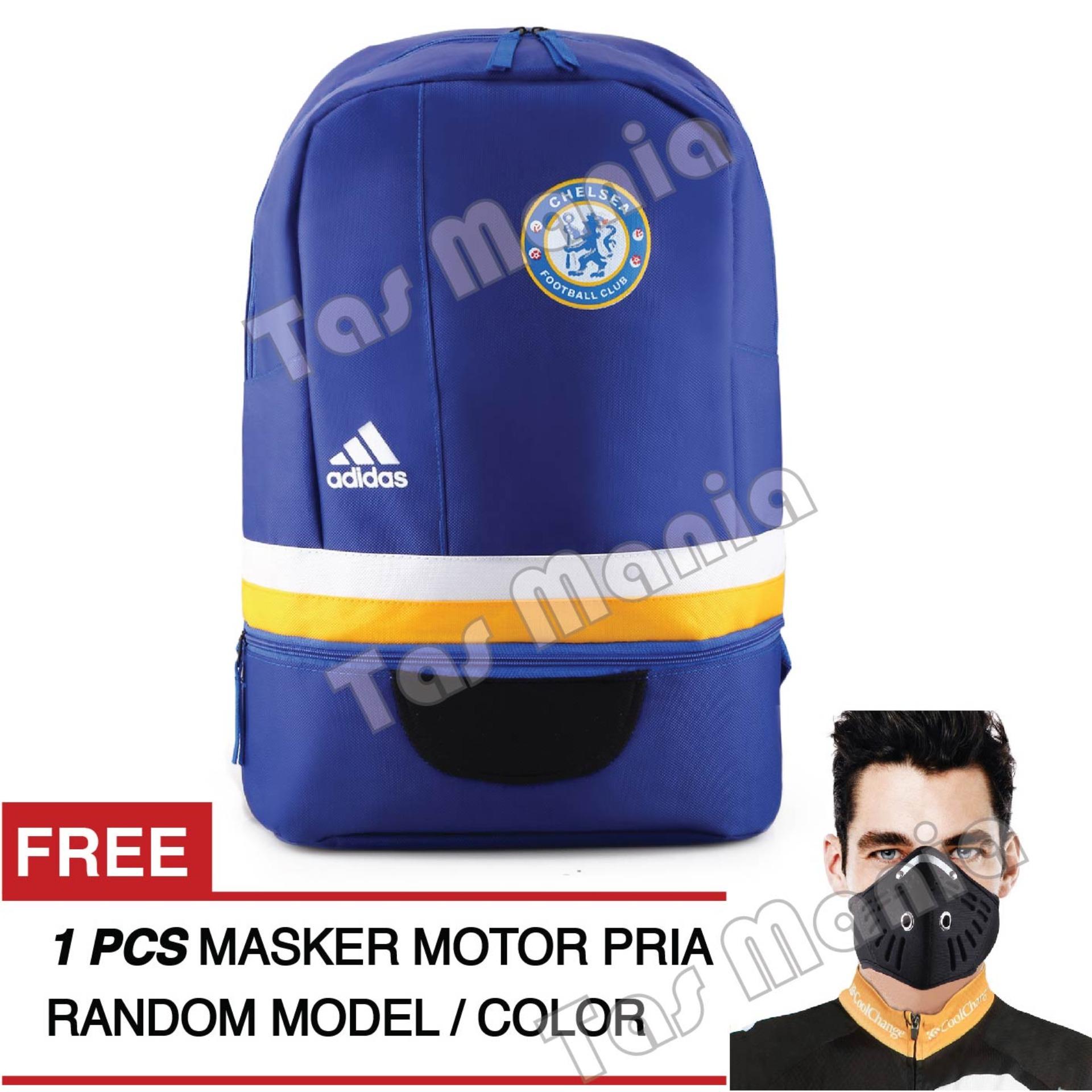Tas Ransel Adidas Bola Pria Chelsea FC Laptop Backpack Men Soccer Editions - Blue + Raincover + FREE Masker Motor Pria