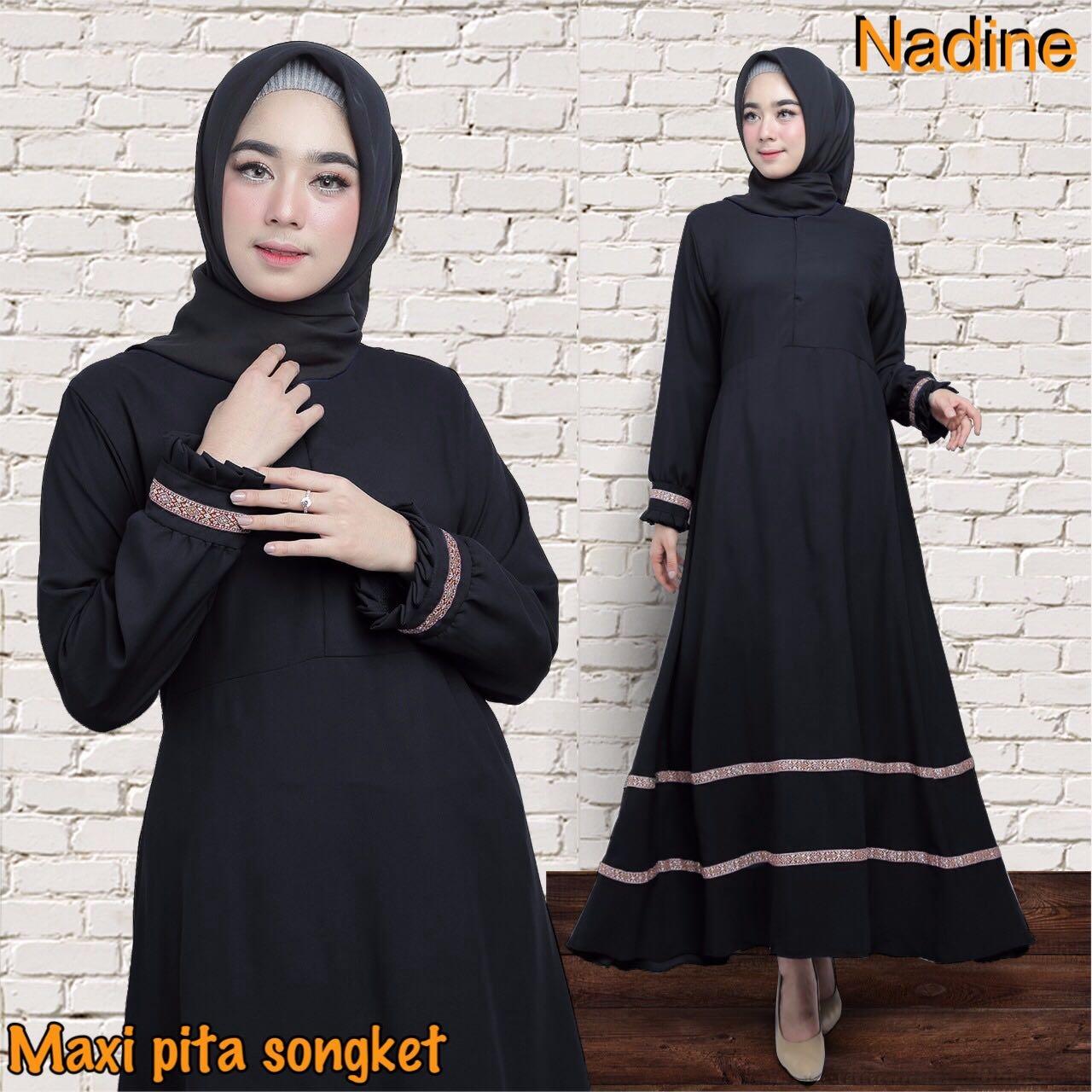 GAMIS MUSLIMAH MURAH/ MAXI DRESS KOMBINASI PITA SONGKET BEST SELLER / GAMIS POLOS MURAH NADINE HITAM ( NO PASMINA)