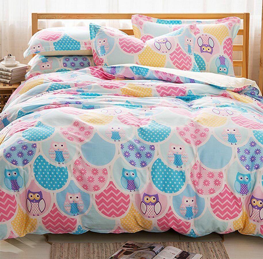 Bedcover Set Sprei Katun Jepang Motif Owl Warna Warni Uk Double T30