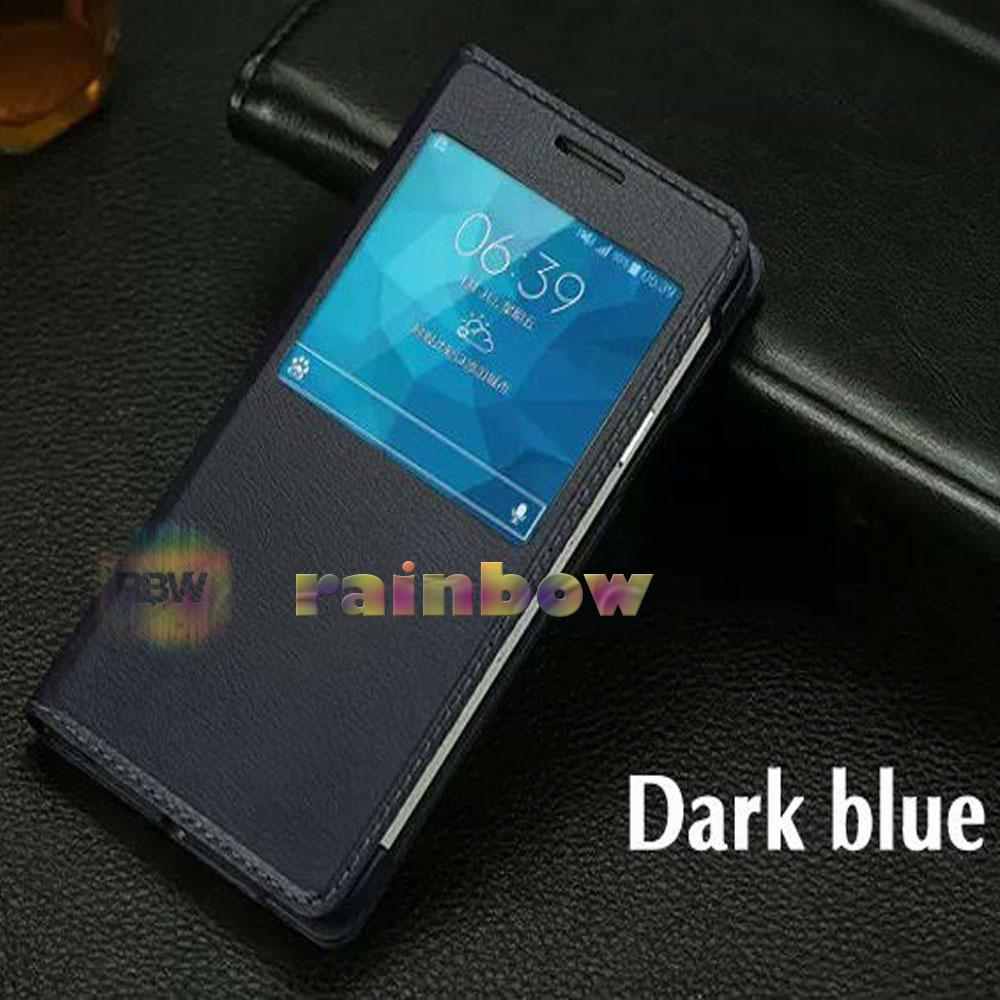 Rainbow Flip Cover Samsung Galaxy E7 E700F Window View Phone Cover Kulit Sintetis Biru Tua / Flipcover Kulit / Sarung Case / Leather Case / Case Hp / Leather Cover / Flipcover View Samsung E7 - Dark Blue