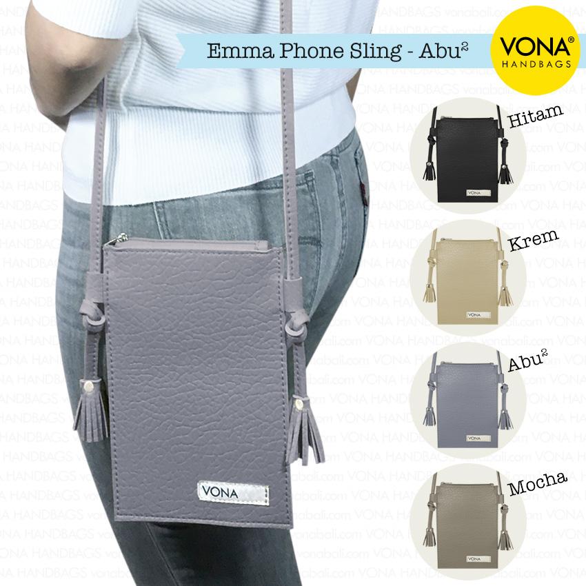 VONA Emma - Sling Bag Phone Tas Selempang Mini untuk Hape Handphone dengan Tassel Rumbai Pouch Dompet Wanita Remaja Cewek Slempang Bahu Tali Panjang Kulit Sintetis Imitasi Leather Bali Handmade Simple Korean Style Branded Best Seller Original - Abu Mocha