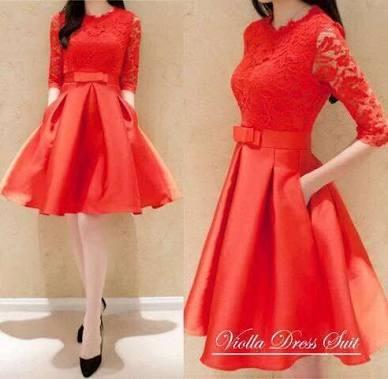 AK - Dress Viola Red Orange / Dress Wanita Korea Murah / Midi Dress / Dress Korea Bet Quality Akiko Fashion