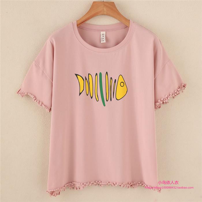 Model baru musim semi dan musim panas Sederhana dan Elegan Kartun cantik dan manis baju wanita murid rumbai baju kaos Siswi lengan pendek Lengan Pendek Atasan