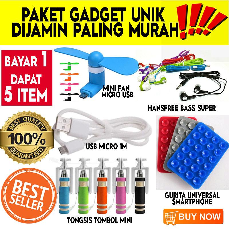 PokeShop Paket Gadget Komplit Paling murah !! kipas usb micro android + handsfree super bass + gurita hp universal + usb cable kabel android + Tongsis tombol lipat mini (acc hp smartphone aksesories)